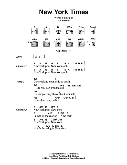 Cat Stevens New York Times Sheet Music Notes & Chords for Lyrics & Chords - Download or Print PDF