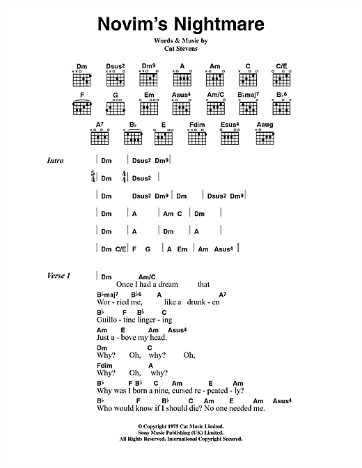 Cat Stevens Novim's Nightmare Sheet Music Notes & Chords for Lyrics & Chords - Download or Print PDF