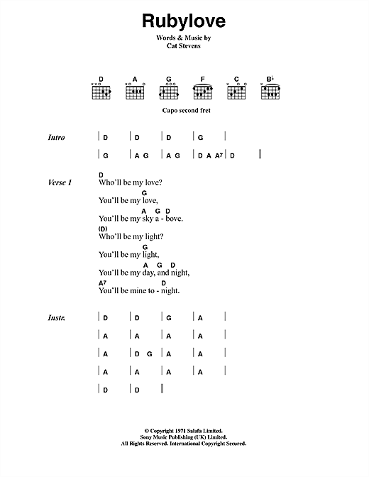 Preview Cat Stevens Rubylove Pop sheet music, notes and chords for Piano, Vocal & Guitar (Right-Hand Melody), SKU: 33904 Rubylove sheet music