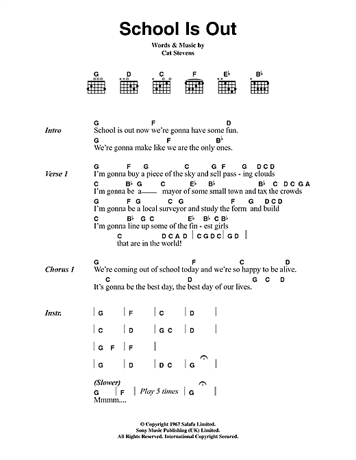 Cat Stevens School Is Out Sheet Music Notes & Chords for Lyrics & Chords - Download or Print PDF