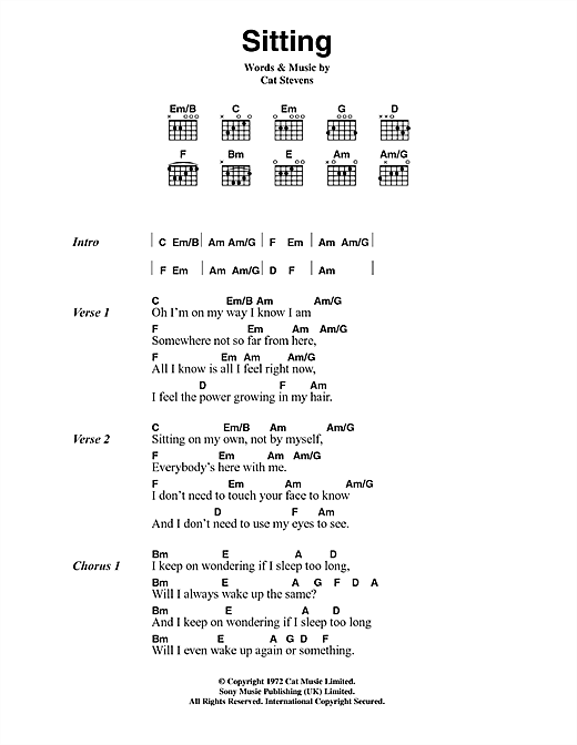 Preview Cat Stevens Sitting (from the musical 'Moonshadow') Pop sheet music, notes and chords for Piano, Vocal & Guitar, SKU: 33897 Sitting (from the musical 'Moonshadow') sheet music