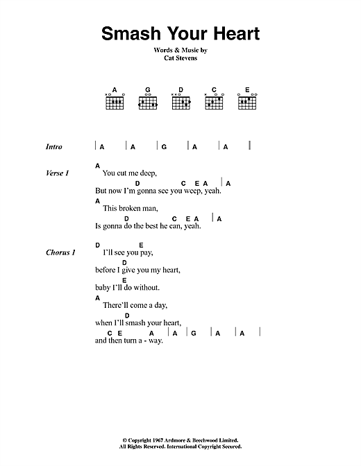 Cat Stevens Smash Your Heart Sheet Music Notes & Chords for Lyrics & Chords - Download or Print PDF