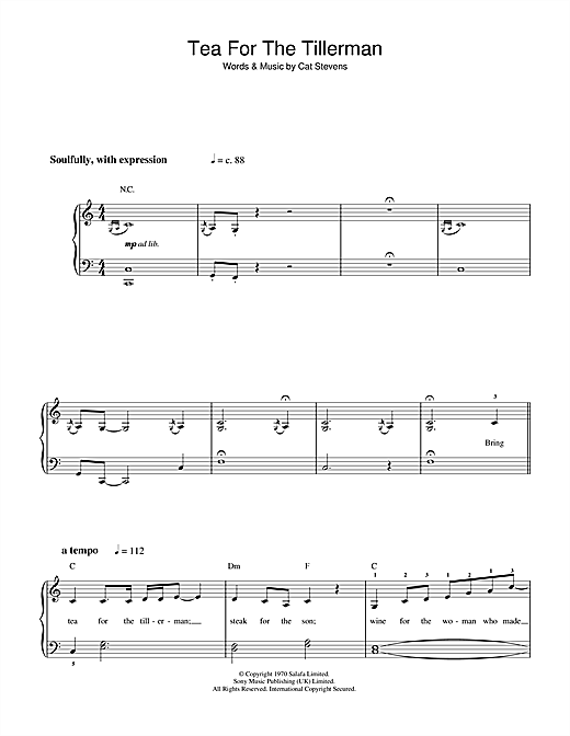 Cat Stevens Tea For The Tillerman (closing theme from Extras) Sheet Music Notes & Chords for Beginner Piano - Download or Print PDF