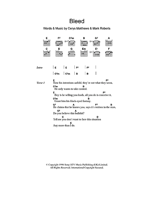 Catatonia Bleed Sheet Music Notes & Chords for Lyrics & Chords - Download or Print PDF