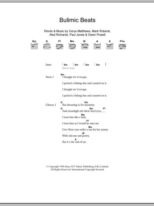 Catatonia Bulimic Beats Sheet Music Notes & Chords for Lyrics & Chords - Download or Print PDF