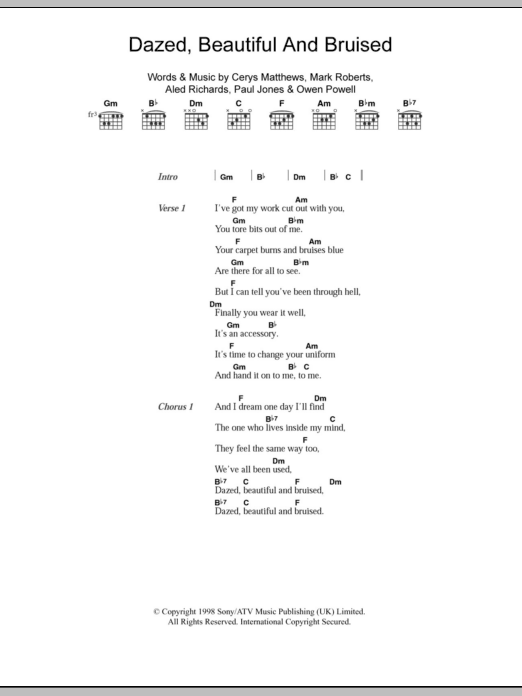 Catatonia Dazed, Beautiful And Bruised Sheet Music Notes & Chords for Lyrics & Chords - Download or Print PDF