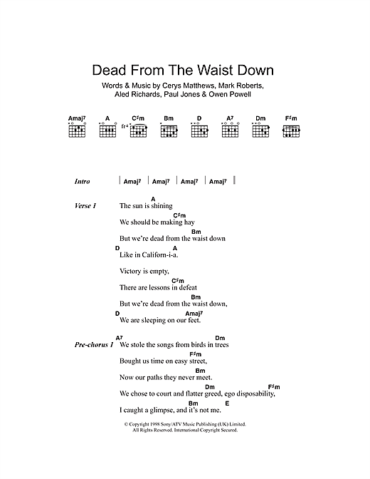 Preview Catatonia Dead From The Waist Down Pop sheet music, notes and chords for Piano, Vocal & Guitar, SKU: 13759 Dead From The Waist Down sheet music