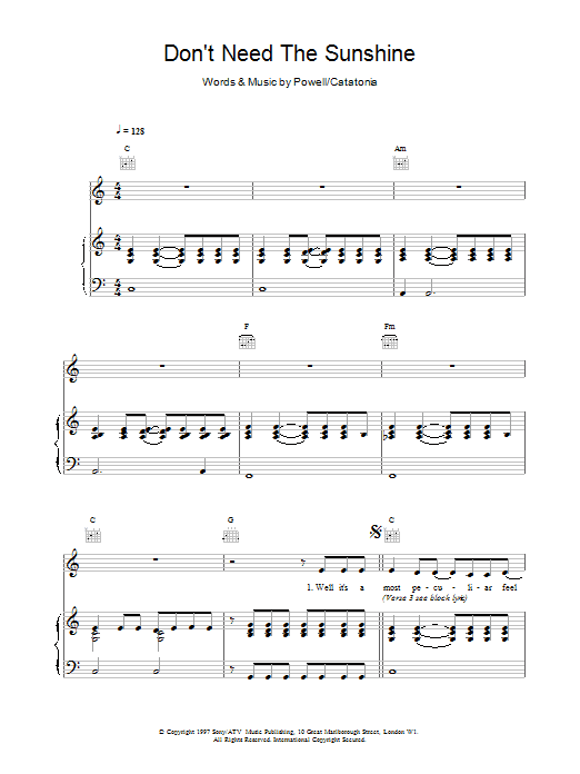 Catatonia Don't Need The Sunshine Sheet Music Notes & Chords for Piano, Vocal & Guitar - Download or Print PDF
