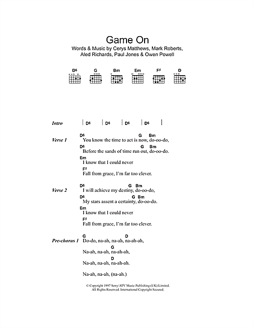 Preview Catatonia Game On Pop sheet music, notes and chords for Piano, Vocal & Guitar, SKU: 13780 Game On sheet music