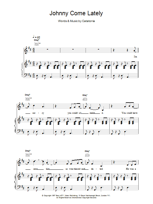 Catatonia Johnny Come Lately Sheet Music Notes & Chords for Piano, Vocal & Guitar - Download or Print PDF