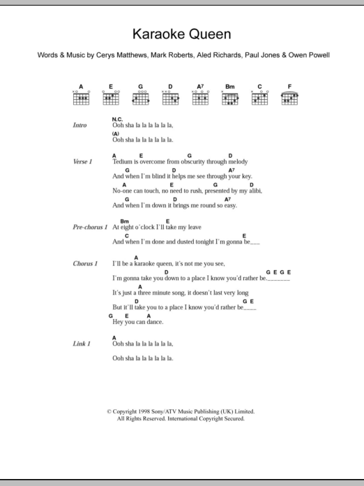 Catatonia Karaoke Queen Sheet Music Notes & Chords for Piano, Vocal & Guitar - Download or Print PDF