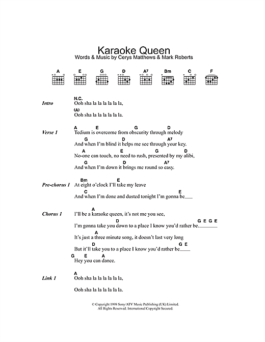 Catatonia Karaoke Queen Sheet Music Notes & Chords for Lyrics & Chords - Download or Print PDF