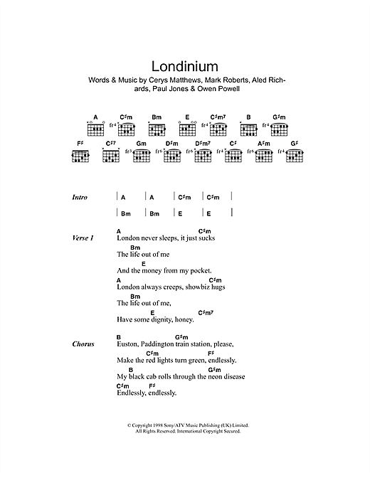 Catatonia Londinium Sheet Music Notes & Chords for Lyrics & Chords - Download or Print PDF