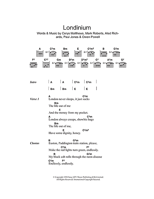 Catatonia Londinium Sheet Music Notes & Chords for Piano, Vocal & Guitar - Download or Print PDF