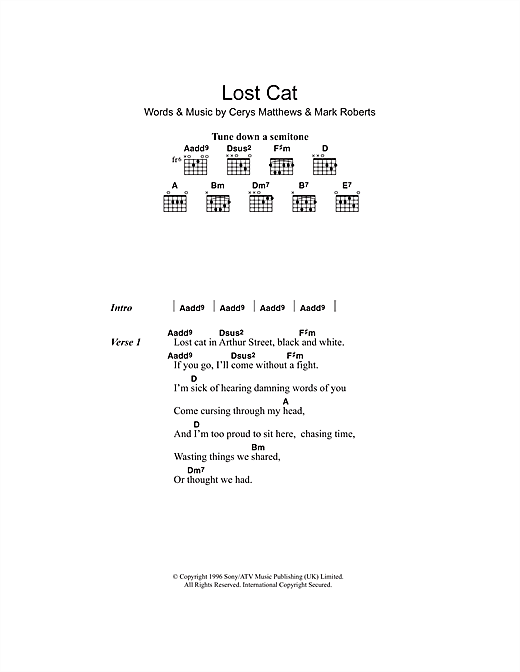 Catatonia Lost Cat Sheet Music Notes & Chords for Lyrics & Chords - Download or Print PDF