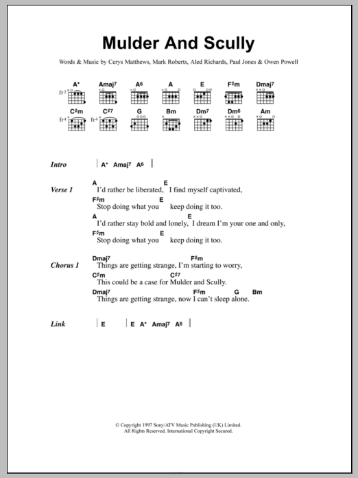 Catatonia Mulder And Scully Sheet Music Notes & Chords for Lyrics & Chords - Download or Print PDF