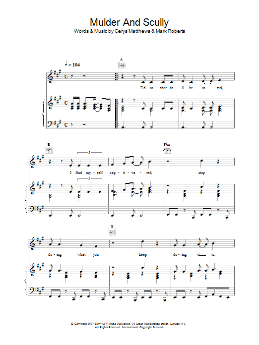 Preview Catatonia Mulder & Scully Pop sheet music, notes and chords for Piano, Vocal & Guitar (Right-Hand Melody), SKU: 13705 Mulder & Scully sheet music