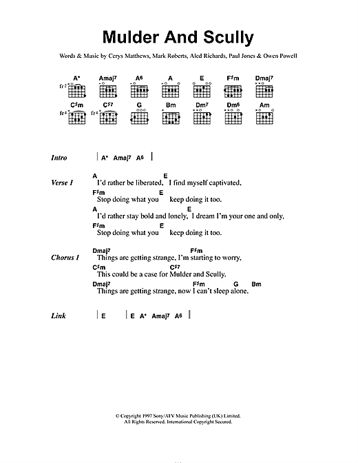 Catatonia Mulder And Scully Sheet Music Notes & Chords for Lyrics & Chords - Download or Print PDF