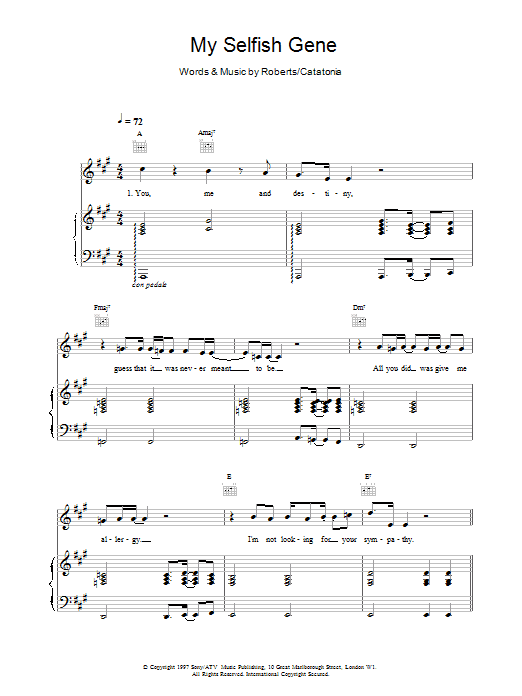 Catatonia My Selfish Gene Sheet Music Notes & Chords for Piano, Vocal & Guitar - Download or Print PDF