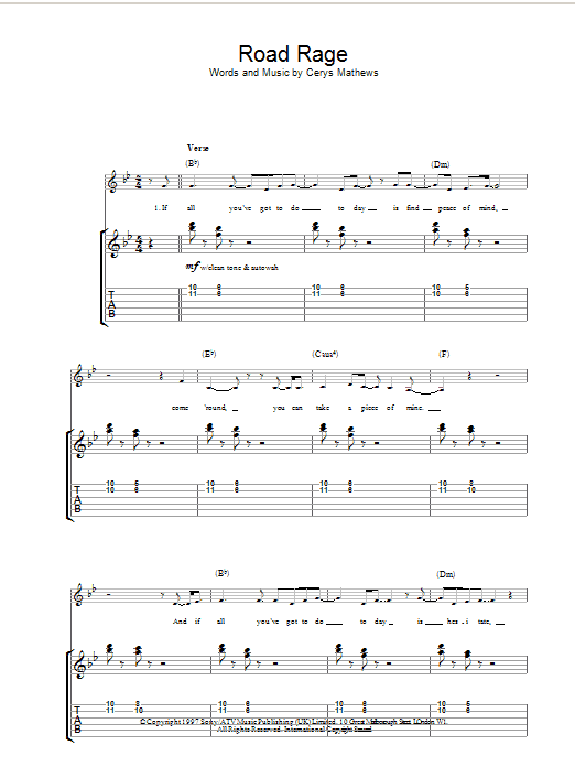 Catatonia Road Rage Sheet Music Notes & Chords for Piano, Vocal & Guitar - Download or Print PDF