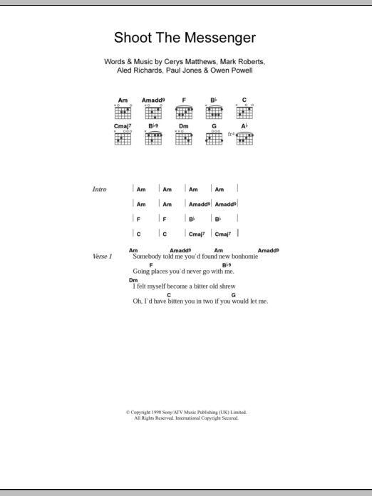 Catatonia Shoot The Messenger Sheet Music Notes & Chords for Piano, Vocal & Guitar - Download or Print PDF