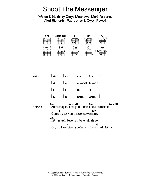 Catatonia Shoot The Messenger Sheet Music Notes & Chords for Lyrics & Chords - Download or Print PDF