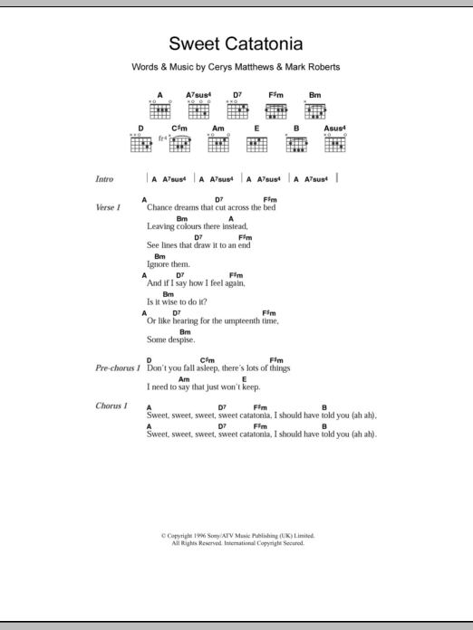 Catatonia Sweet Catatonia Sheet Music Notes & Chords for Lyrics & Chords - Download or Print PDF