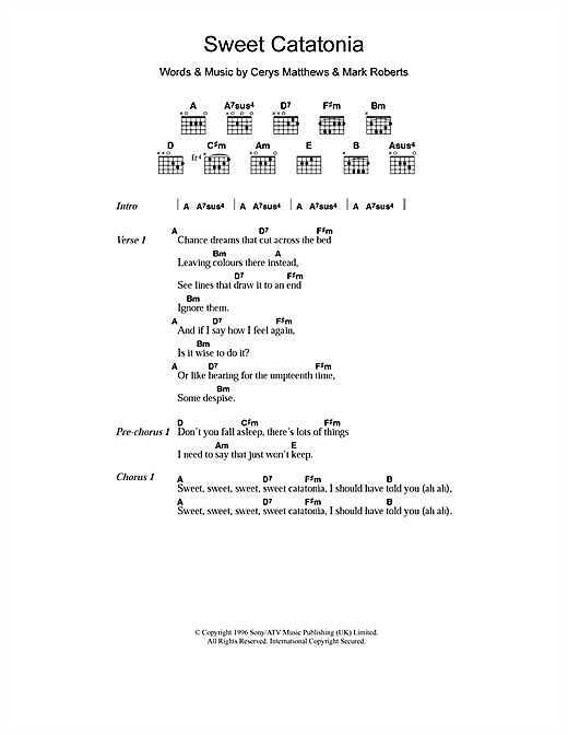 Catatonia Sweet Catatonia Sheet Music Notes & Chords for Lyrics & Chords - Download or Print PDF