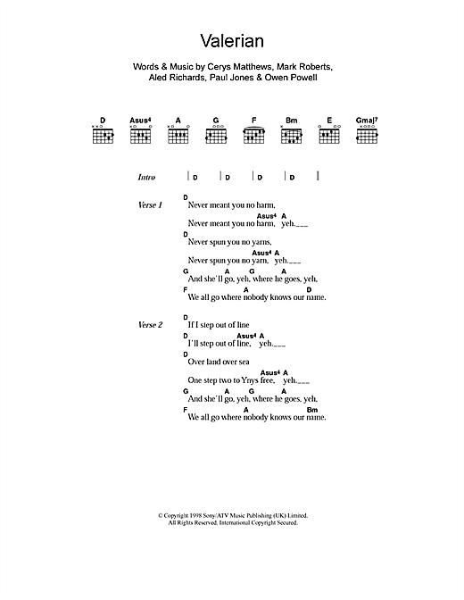 Catatonia Valerian Sheet Music Notes & Chords for Lyrics & Chords - Download or Print PDF