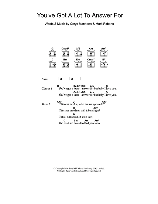Catatonia You've Got A Lot To Answer For Sheet Music Notes & Chords for Lyrics & Chords - Download or Print PDF