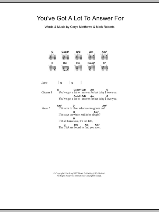 Catatonia You've Got A Lot To Answer For Sheet Music Notes & Chords for Lyrics & Chords - Download or Print PDF