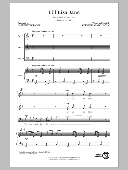 Catherine DeLanoy Li'l Liza Jane (Go Li'l Liza) Sheet Music Notes & Chords for 3-Part Mixed - Download or Print PDF