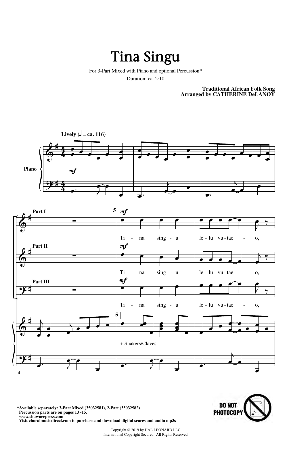 Catherine Delanoy Tina Singu Sheet Music Notes & Chords for 2-Part Choir - Download or Print PDF