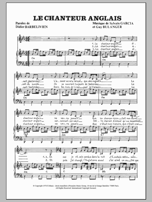 Catherine Ferry Le Chanteur Anglais Sheet Music Notes & Chords for Piano & Vocal - Download or Print PDF