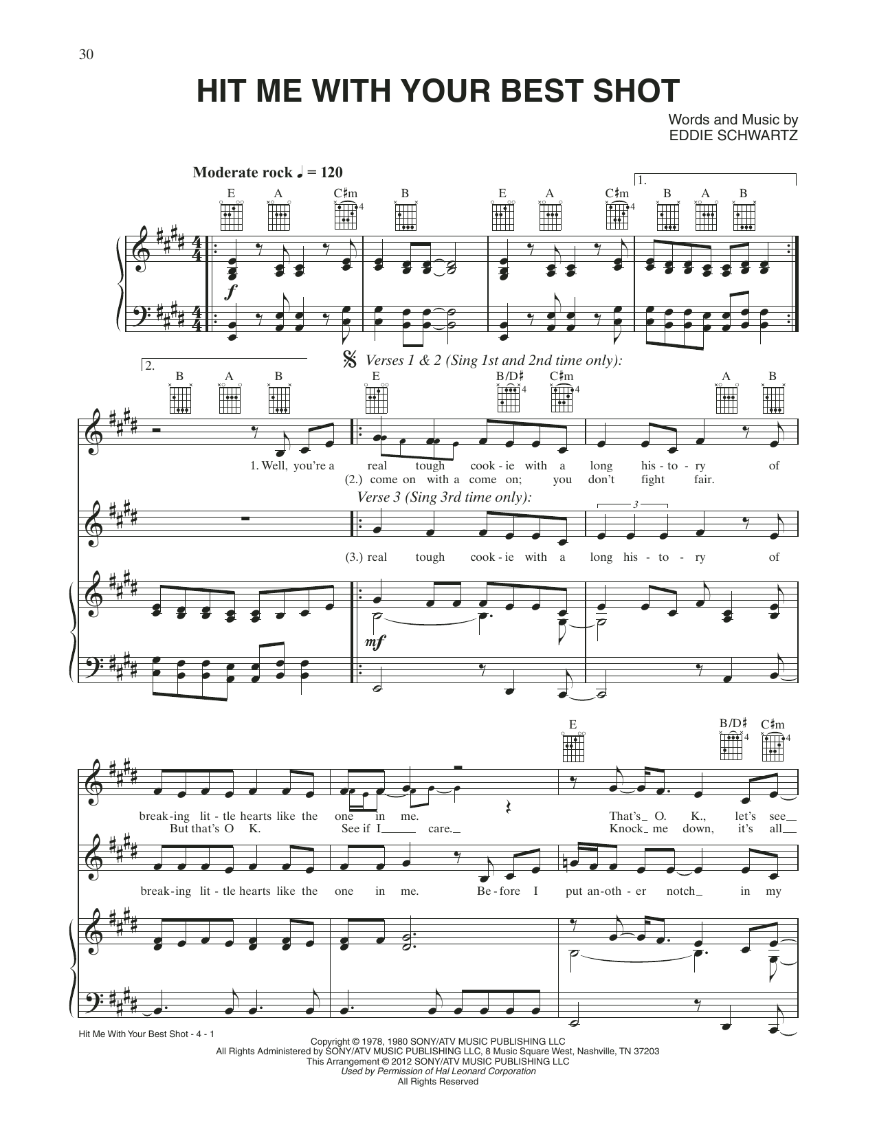 Catherine Zeta-Jones Hit Me With Your Best Shot (from Rock Of Ages) Sheet Music Notes & Chords for Piano, Vocal & Guitar Chords (Right-Hand Melody) - Download or Print PDF