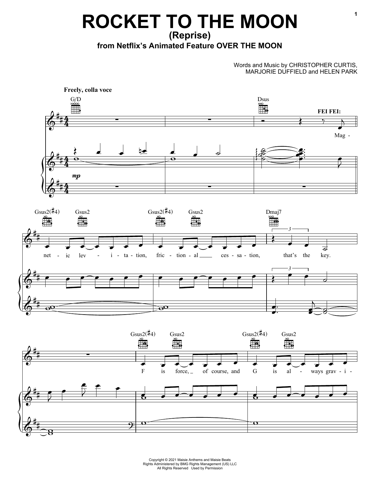 Cathy Ang Rocket To The Moon (Reprise) (from Over The Moon) Sheet Music Notes & Chords for Piano, Vocal & Guitar Chords (Right-Hand Melody) - Download or Print PDF