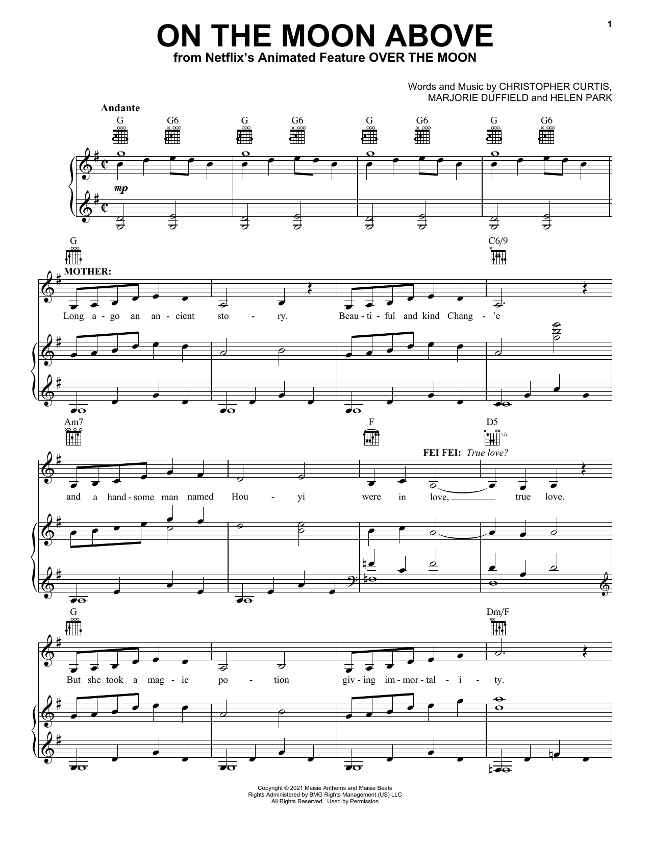 Cathy Ang, Ruthie Ann Miles and John Cho On The Moon Above (from Over The Moon) Sheet Music Notes & Chords for Piano, Vocal & Guitar Chords (Right-Hand Melody) - Download or Print PDF