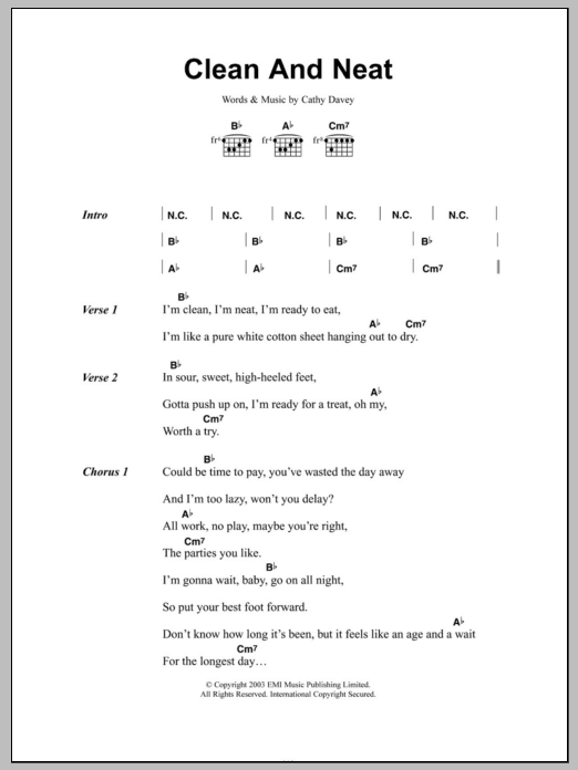 Cathy Davey Clean And Neat Sheet Music Notes & Chords for Lyrics & Chords - Download or Print PDF