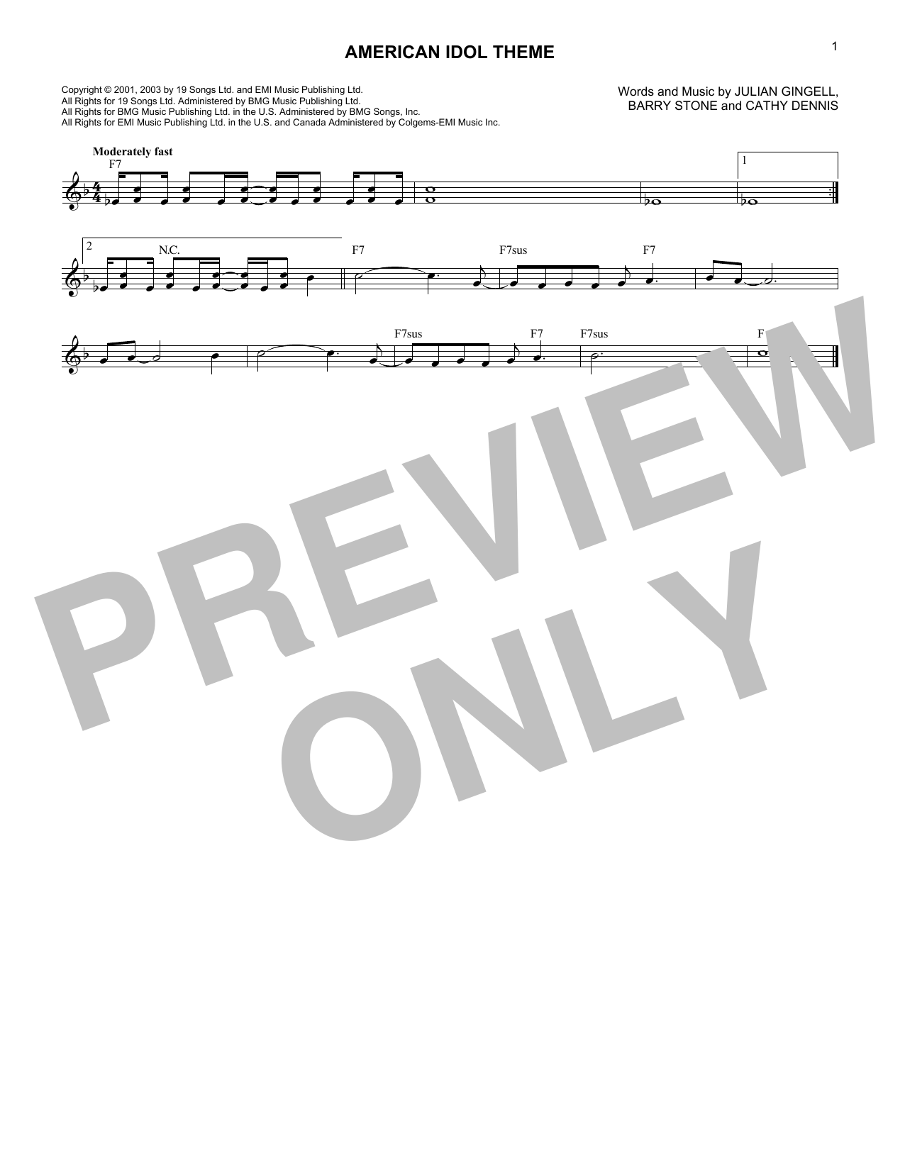 Cathy Dennis American Idol Theme Sheet Music Notes & Chords for Melody Line, Lyrics & Chords - Download or Print PDF