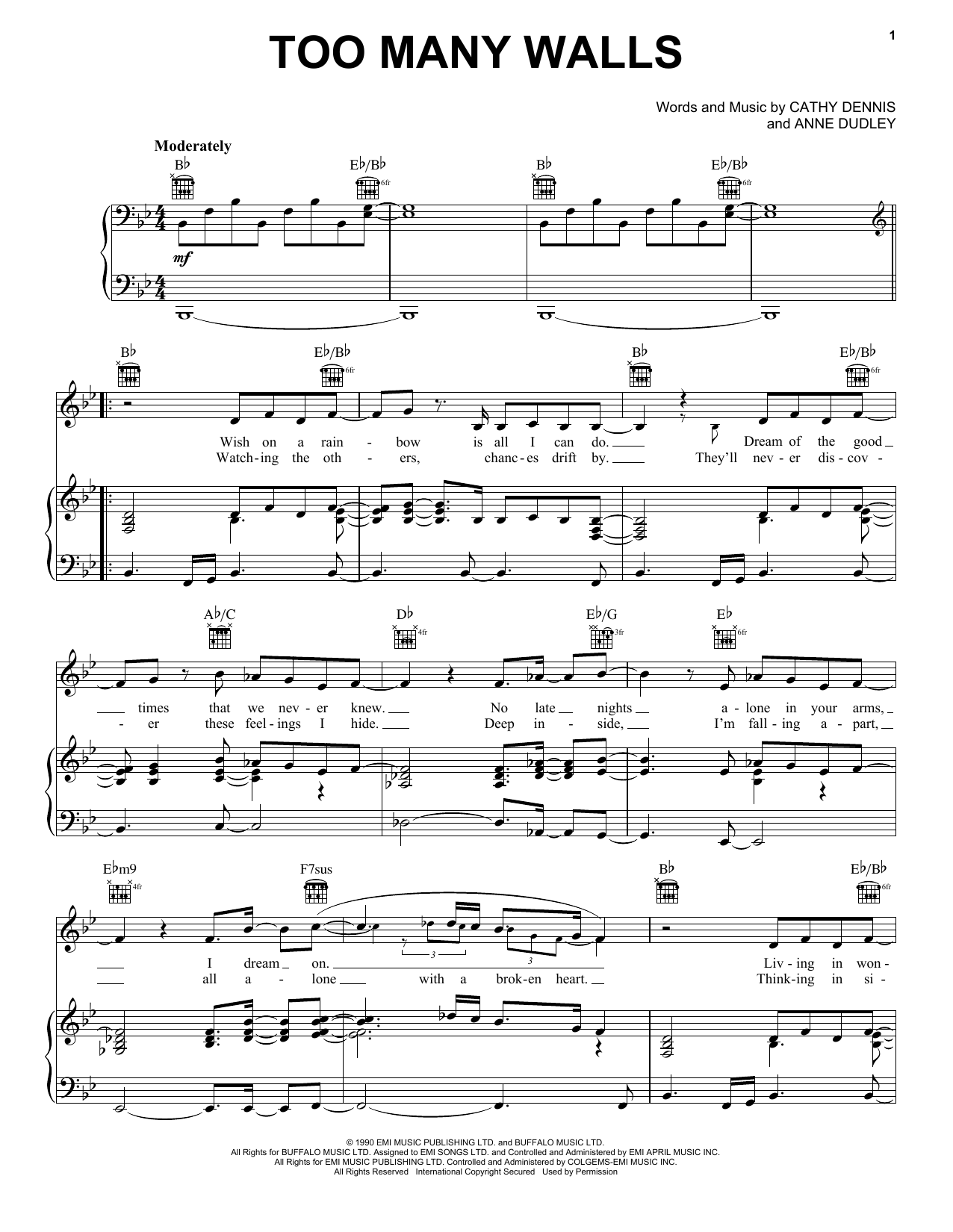 Cathy Dennis Too Many Walls Sheet Music Notes & Chords for Piano, Vocal & Guitar Chords (Right-Hand Melody) - Download or Print PDF