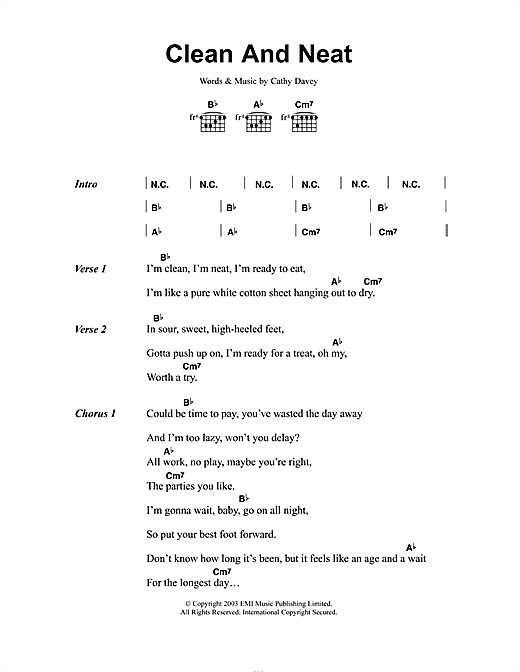 Cathy Davey Clean And Neat Sheet Music Notes & Chords for Lyrics & Chords - Download or Print PDF
