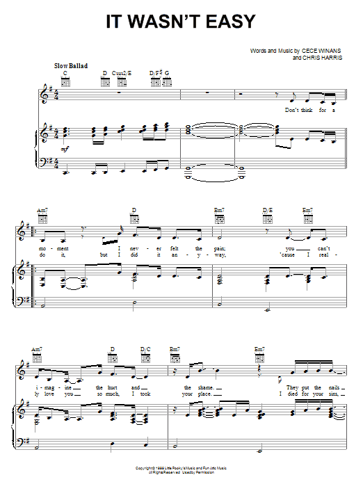 CeCe Winans It Wasn't Easy Sheet Music Notes & Chords for Piano, Vocal & Guitar (Right-Hand Melody) - Download or Print PDF