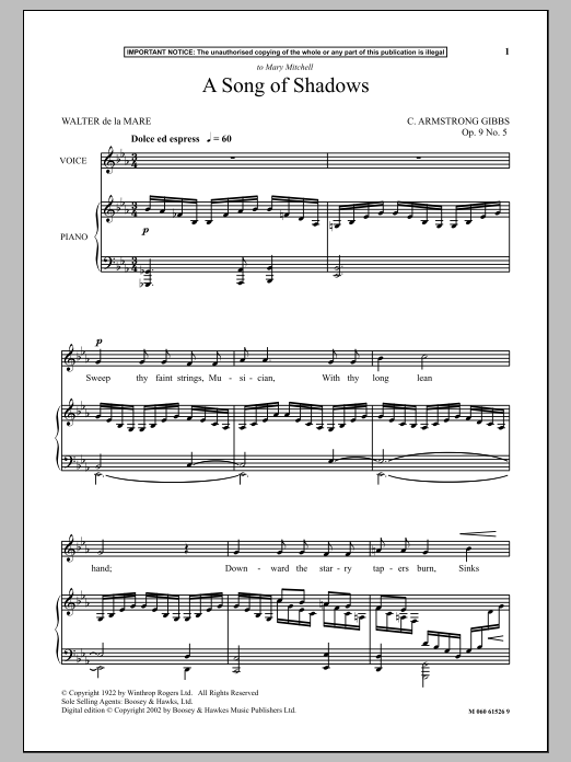 Cecil Armstrong Gibbs A Song Of Shadows Sheet Music Notes & Chords for Piano & Vocal - Download or Print PDF Cecil Armstrong Gibbs A Song Of Shadows Sheet Music Notes & Chords for Piano & Vocal - Download or Print PDF
