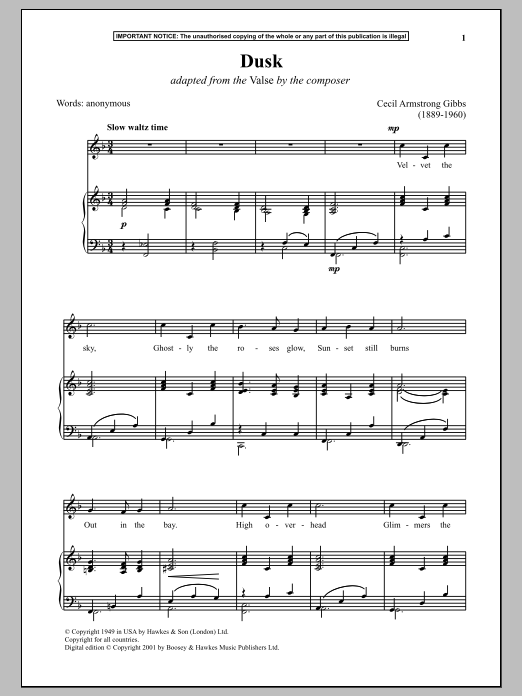 Cecil Armstrong Gibbs Dusk (Adapted from The Valse) Sheet Music Notes & Chords for Piano - Download or Print PDF