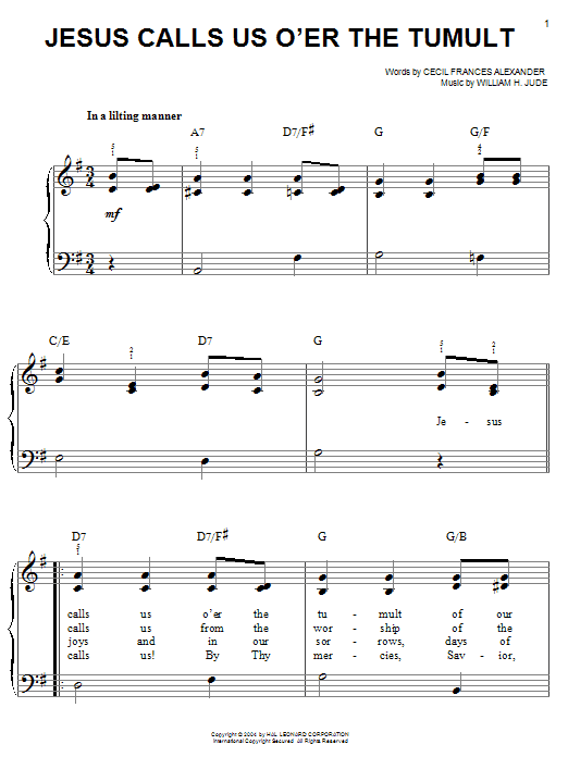 Cecil Frances Alexander Jesus Calls Us O'er The Tumult Sheet Music Notes & Chords for Easy Piano - Download or Print PDF