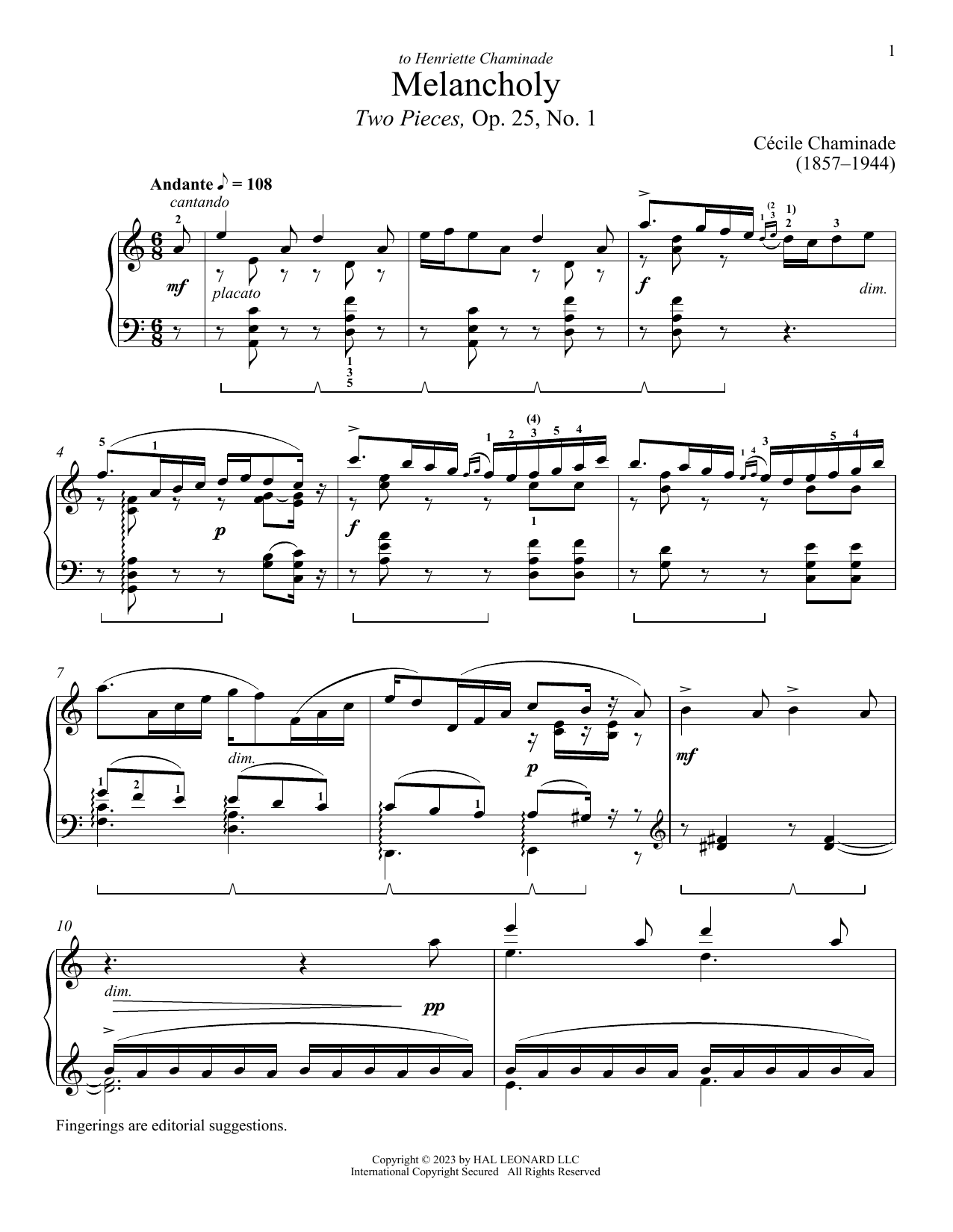 Cecile Chaminade Melancholy Sheet Music Notes & Chords for Piano Solo - Download or Print PDF