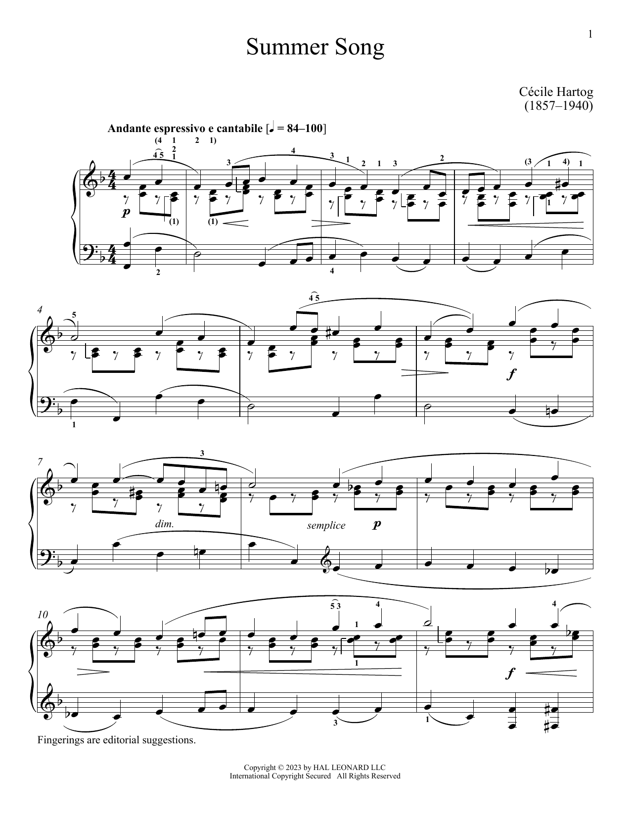 Cecile Hartog Summer Song Sheet Music Notes & Chords for Piano Solo - Download or Print PDF