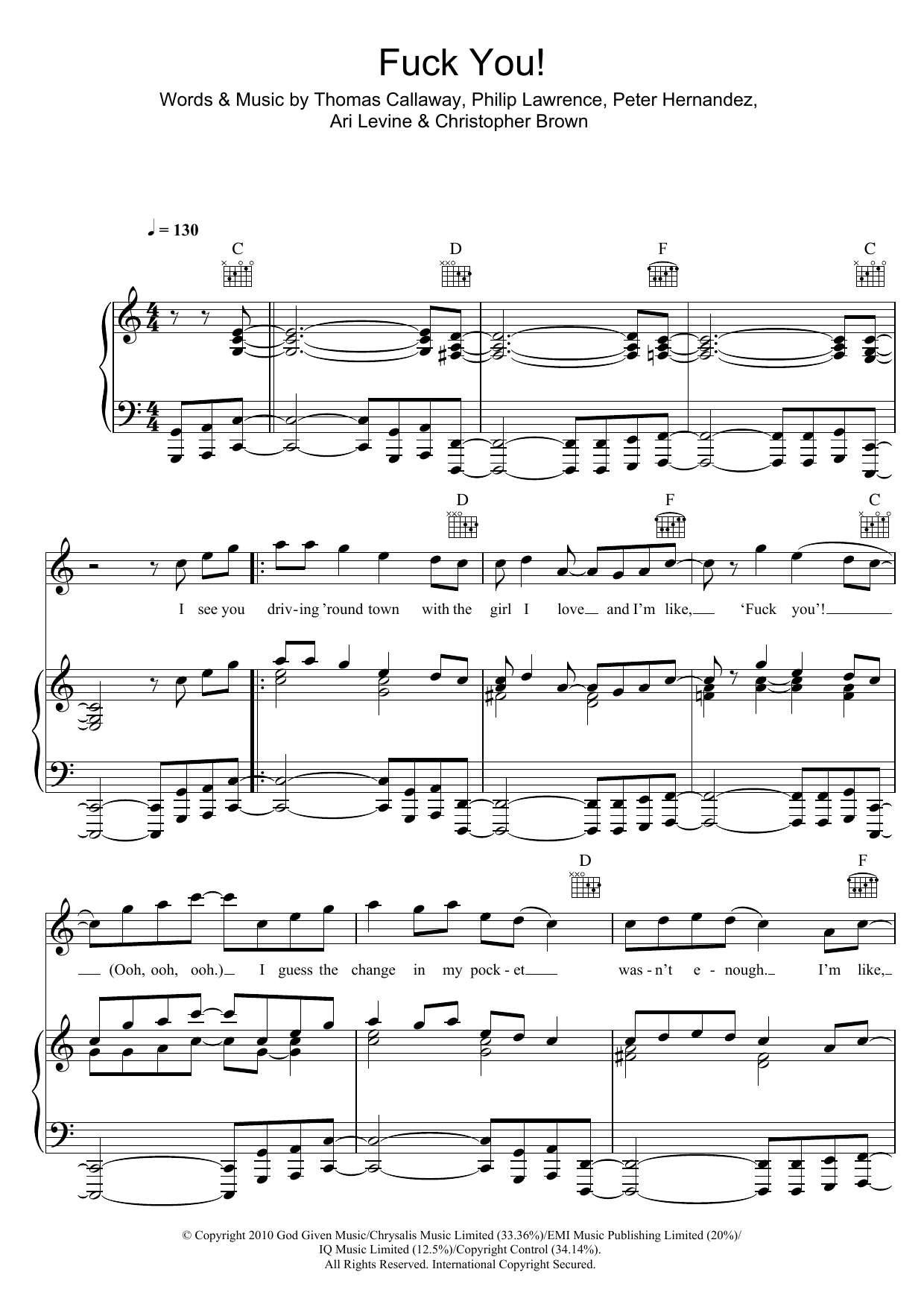 Cee Lo Green Fuck You! Sheet Music Notes & Chords for Piano, Vocal & Guitar (Right-Hand Melody) - Download or Print PDF