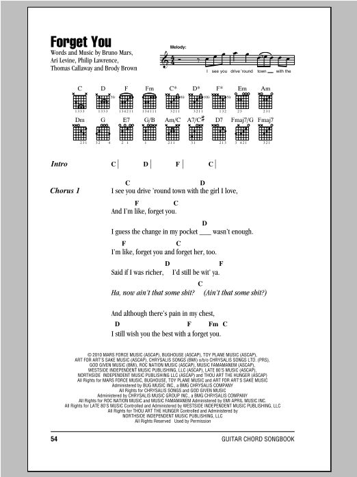 Preview Cee Lo Green Forget You Pop sheet music, notes and chords for Lyrics & Chords, SKU: 93644 Forget You sheet music
