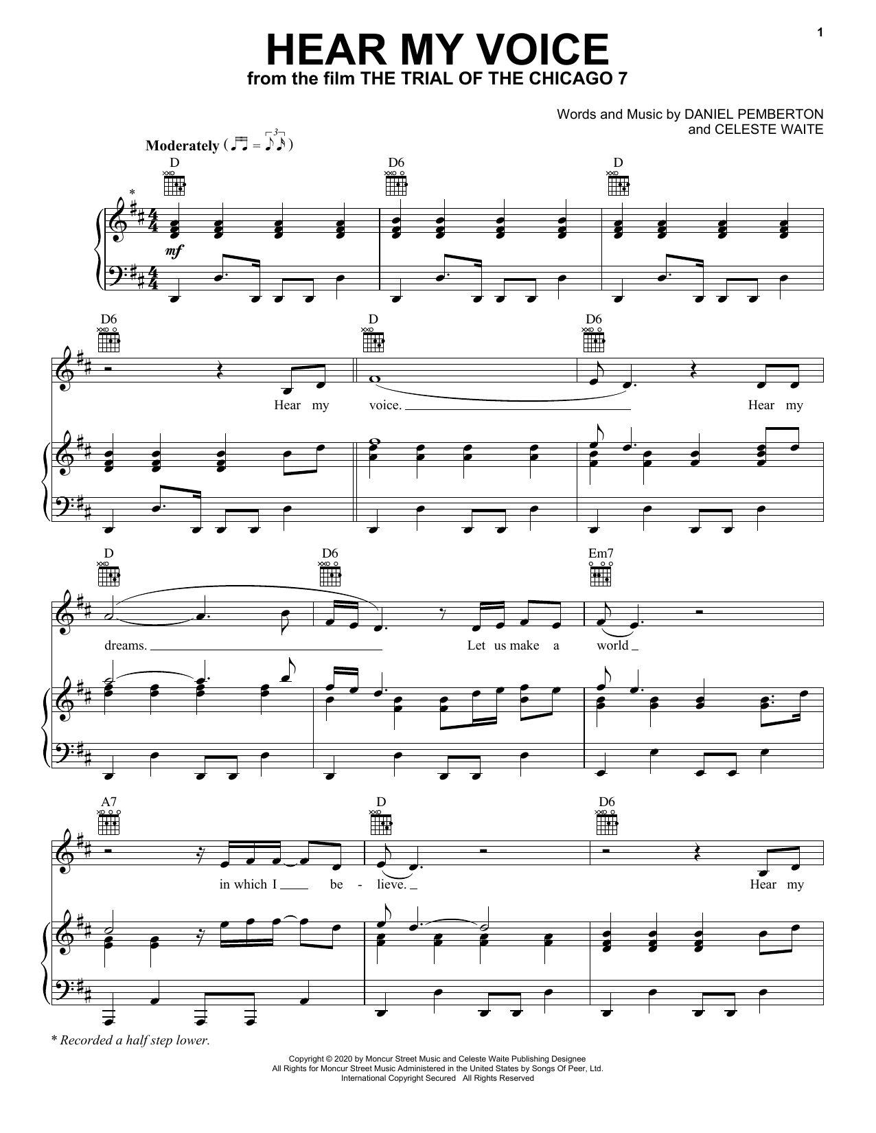 Celeste Hear My Voice (from The Trial Of The Chicago 7) Sheet Music Notes & Chords for Piano, Vocal & Guitar (Right-Hand Melody) - Download or Print PDF